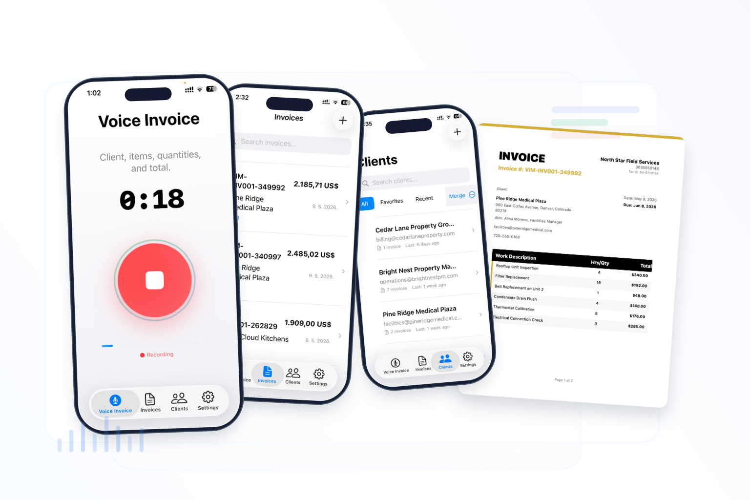 Voice Invoice screens showing voice recording, invoice tracking, clients, and a PDF invoice