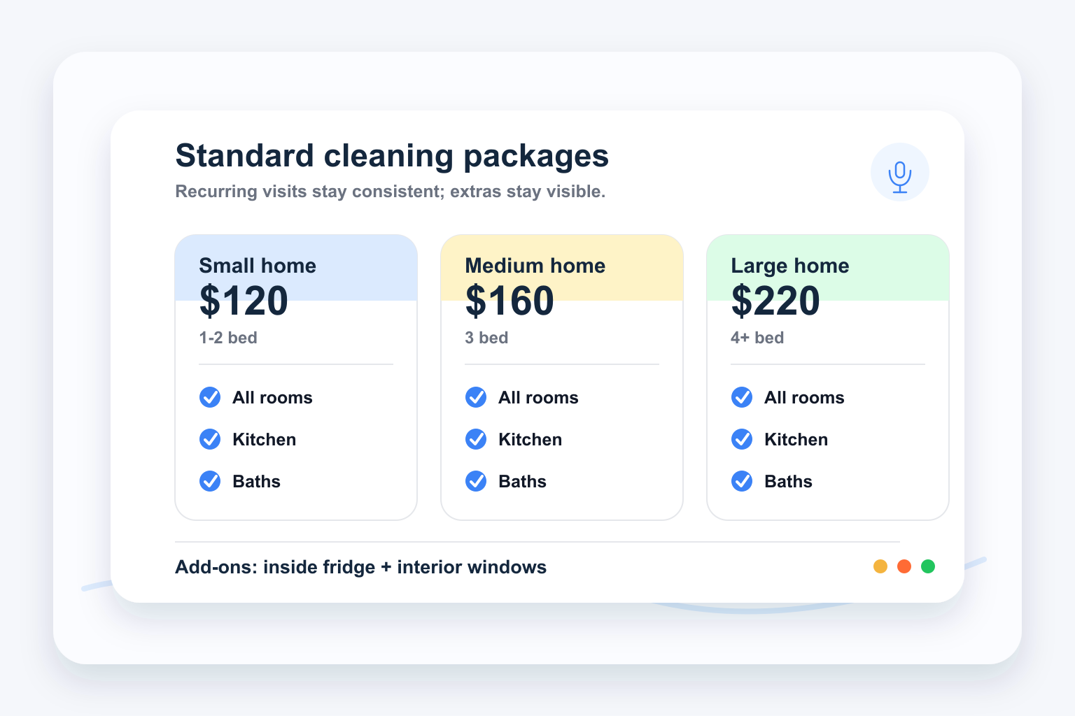 Sample cleaning package pricing tiers for small, medium, and large homes