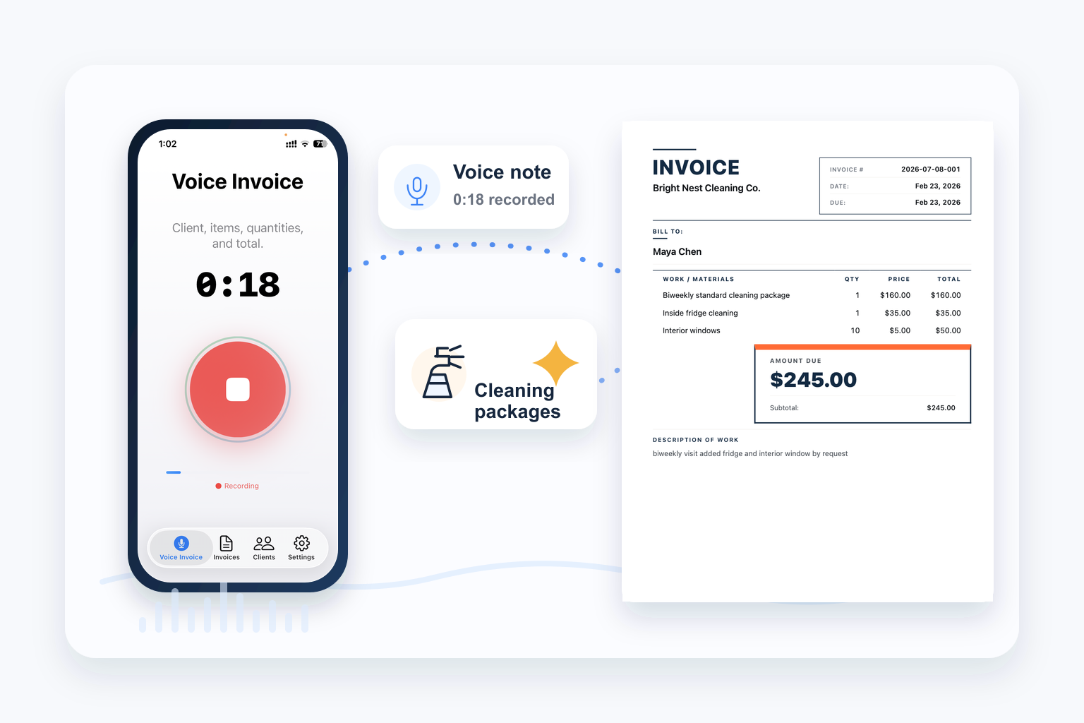 Example house cleaning invoice with a standard package line item and fridge and window add-ons, created by voice