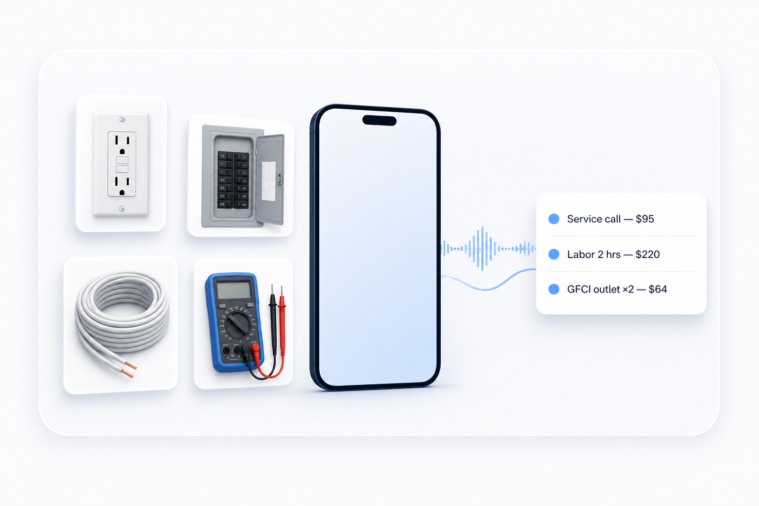 Electrician creating an invoice by voice on iPhone while packing up, with labor and materials line items