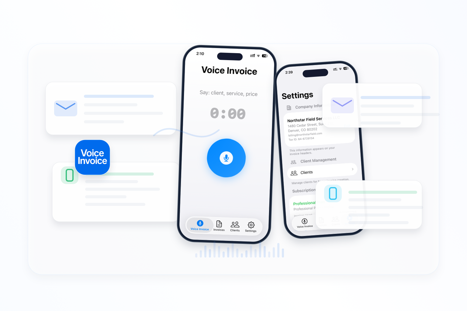 Voice Invoice contact support illustration with app screens, email, and device information