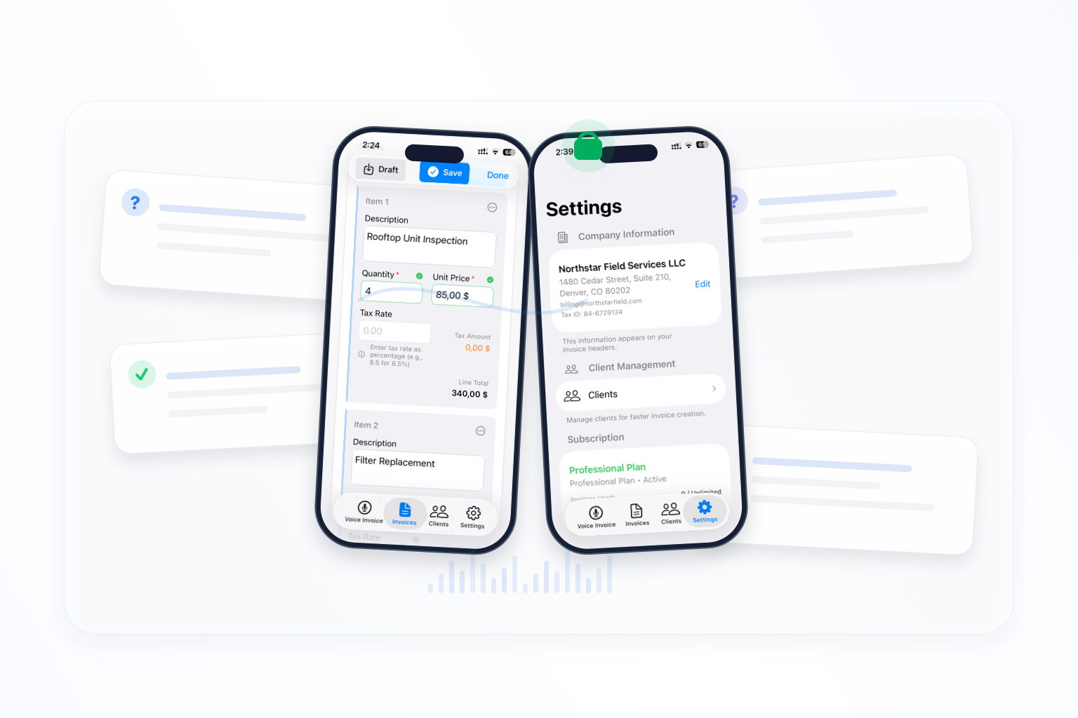 Voice Invoice FAQ illustration showing editing, settings, privacy, and support questions
