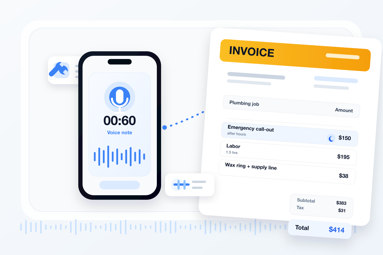 Example plumbing invoice with an after-hours emergency call-out fee, labor, and parts